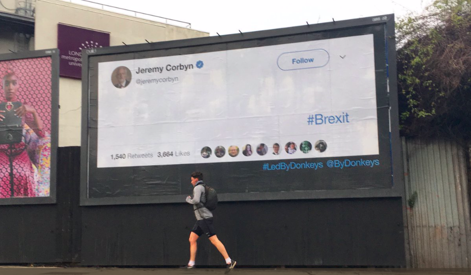 Image of a Jeremy Corbyn Twitter post, with no quote from him, posted to a billboard